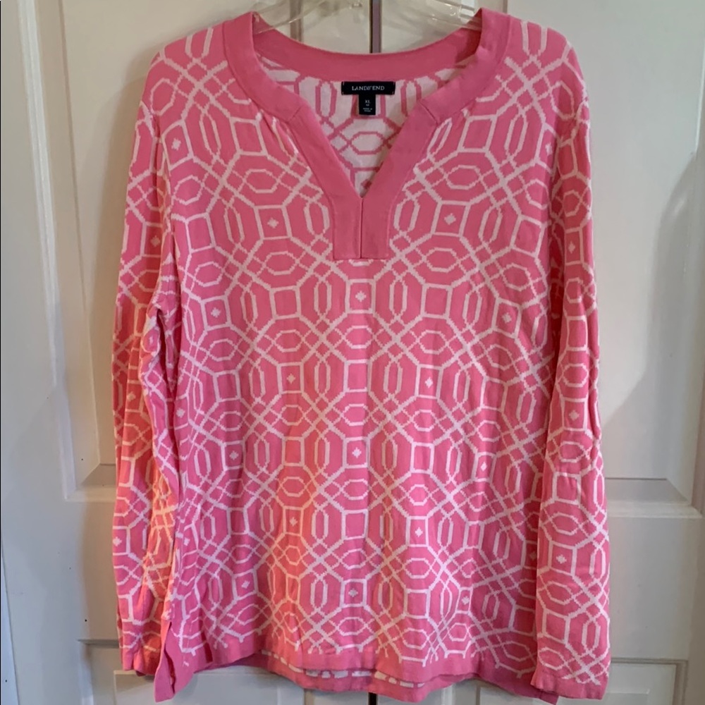 Lands' End Pink and White Boxy Polo Tunic Sweater